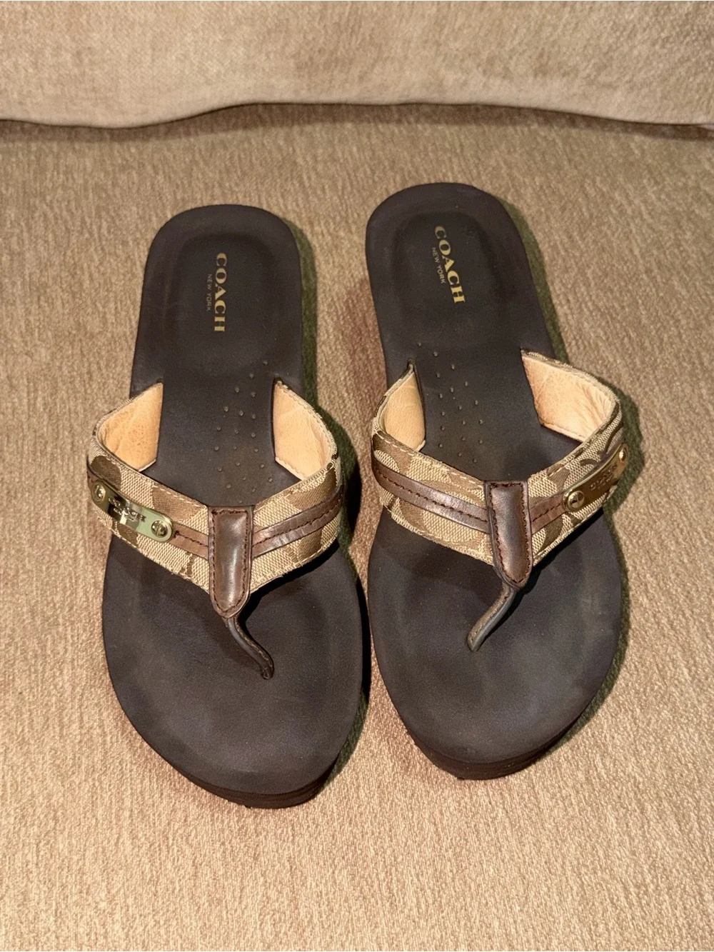 Coach Brown and Tan Signature Wedge Thong Sandals